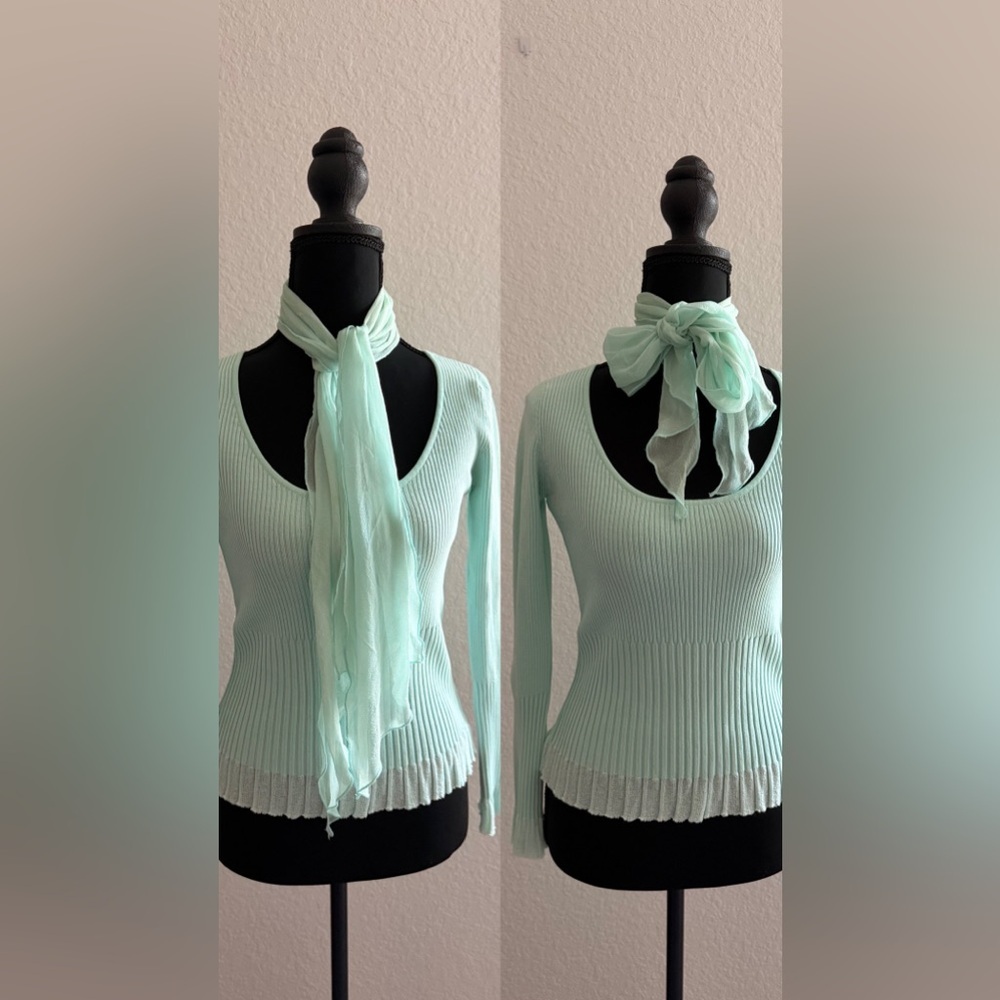 ROCHAS Mint Green Ribbed Long Sleeve Blouse with Scarf – Whimsical & Ethereal ✨